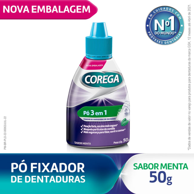 Corega Pó 3 em 1 Fixador de Dentadura Forte Fixação Sabor Menta 50g
