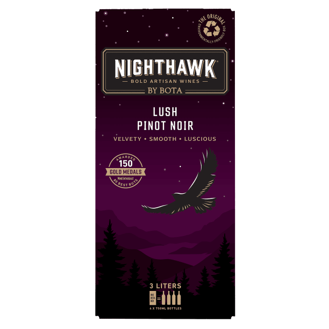 Nighthawk by Bota Box Lush Pinot Noir Red Wine, 3L (4 x750mL Glass Bottles), 13.5% ABV