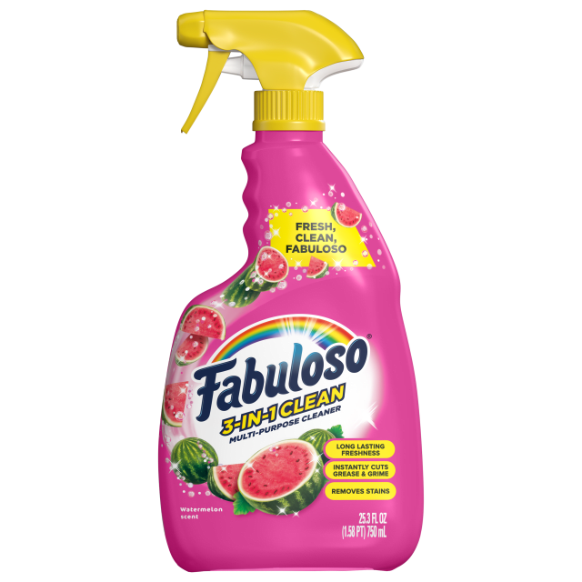 Fabuloso 3-in-1 Clean Spray, Multi-Purpose Cleaner, Long-Lasting Freshness, Instantly Cuts Grease & Grime, Removes Stains, Watermelon Scent, 25.3 fl oz Spray Bottle
