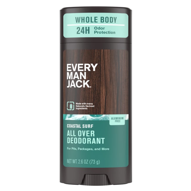 Every Man Jack All Over Deodorant - 24 Hour Whole Body Odor Protection - Aluminum Free - Coastal Surf Scent 2.6 oz (1 Pack)