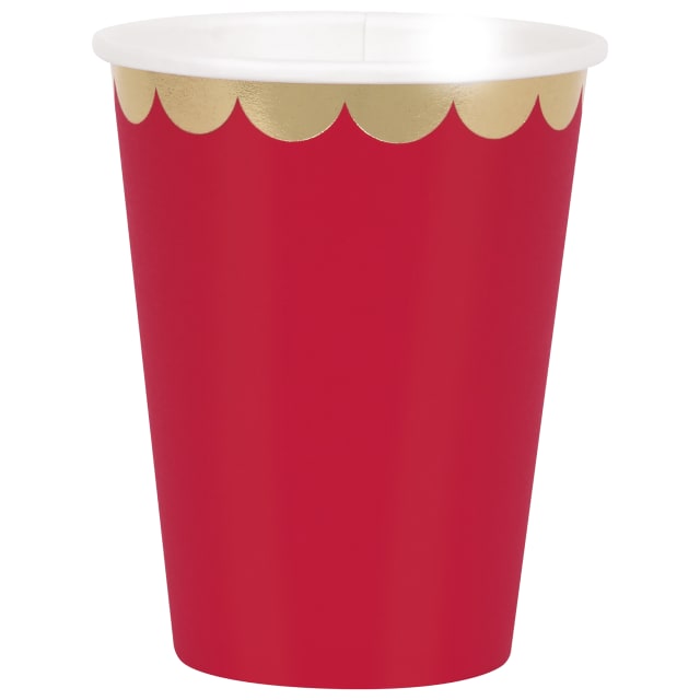 98769  Red Scalloped Edge 12oz Paper Cups, 8ct - Foil Stamping