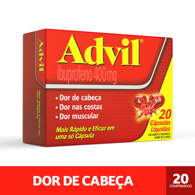 Advil 400mg Ibuprofeno Alívio Rápido da Dor de Cabeça 20 Cápsulas