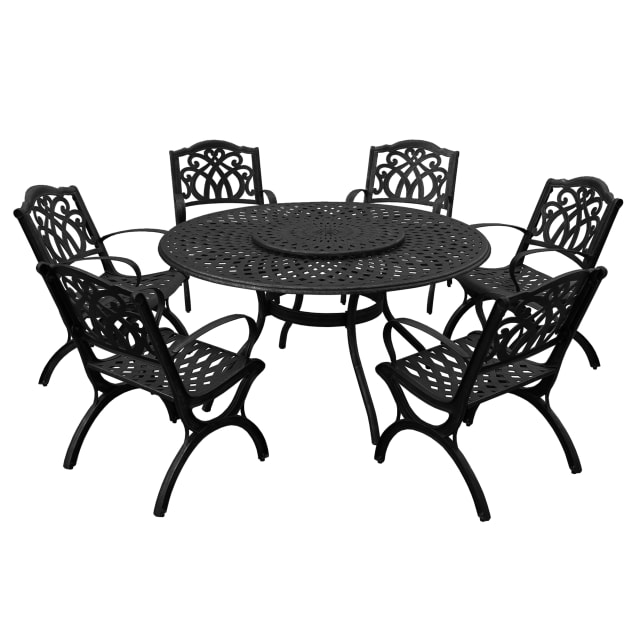 Modern Ornate Outdoor Mesh Aluminum 59-in Large Black Round Patio Dining Set with Lazy Susan and Six Chairs