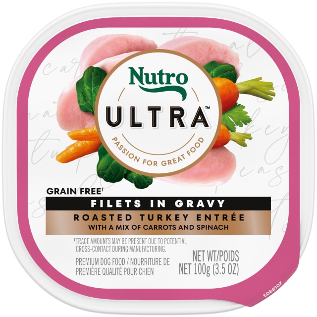 NUTRO ULTRA Grain Free Adult Soft Wet Dog Food Filets in Gravy Roasted Turkey Entrée With a Mix of Carrots and Spinach, (24) 3.5 oz. Trays