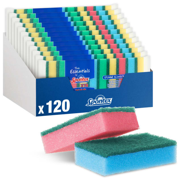 Spontex The Essentials Washing Up Sponge Scourers | Hard Wearing & Versatile | Assorted Colours | 12 x 10 Pack (120 Total)