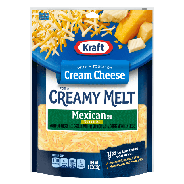 Kraft Mexican Style Four Cheese Shredded Cheese With A Touch Of Cream Cheese for a Creamy Melt, 8 oz Bag