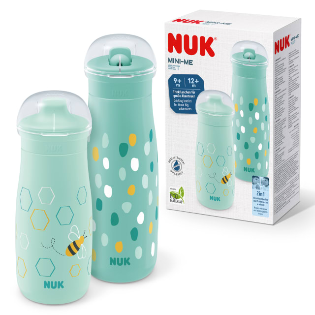 NUK Mini-Me Toddler Cup Set | Sip & Flip Cups | 9-12+ Months | 300 ml & 500 ml | Kids Water Bottles | Leak-Proof Toughened Spout & Straw | Shatter-Proof | Mint Dots & Bee