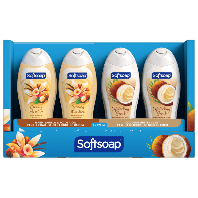 Gel douche Softsoap, gel douche exfoliant au parfum de beurre de noix de coco et gel douche hydratant au parfum de vanille chaude et d'huile de jojoba, flacon de 591 ml (lot de 4)