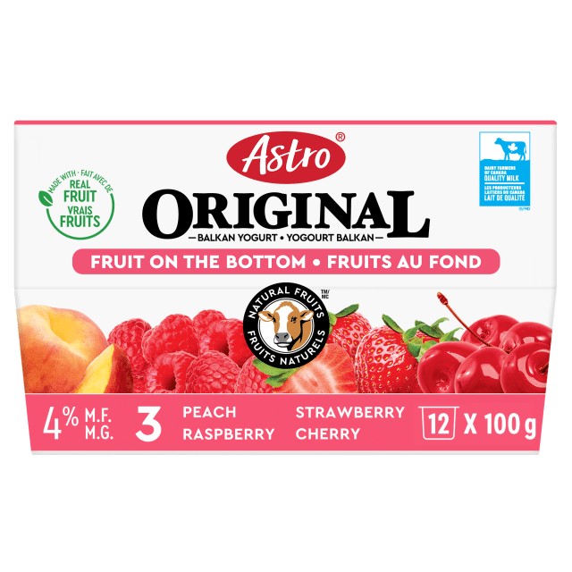 Astro Original Strawberry/Raspberry/Black Cherry/Nectarine Fruit on the Bottom Yogurt 4%, 12x100g