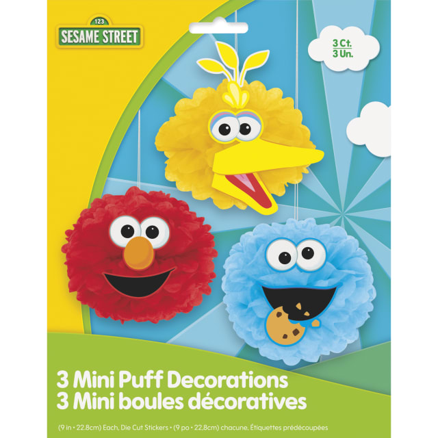 43809  Sesame Street Faces Hanging Tissue Puff Decorations, 3ct