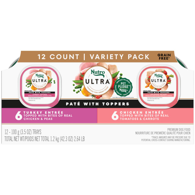 NUTRO ULTRA Adult Grain Free Soft Wet Dog Food, Variety Pack, Chicken Entrée Paté and Turkey Entrée Paté with Toppers, (12) 3.5 oz. Trays