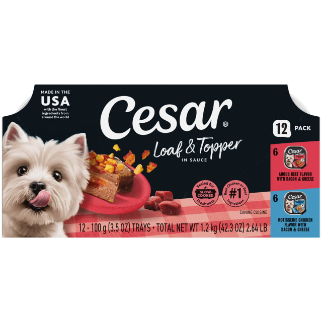 CESAR Bacon Feast Adult Wet Dog Food Loaf & Topper in Sauce Variety Pack, (12) 3.5 oz. Easy Peel Trays