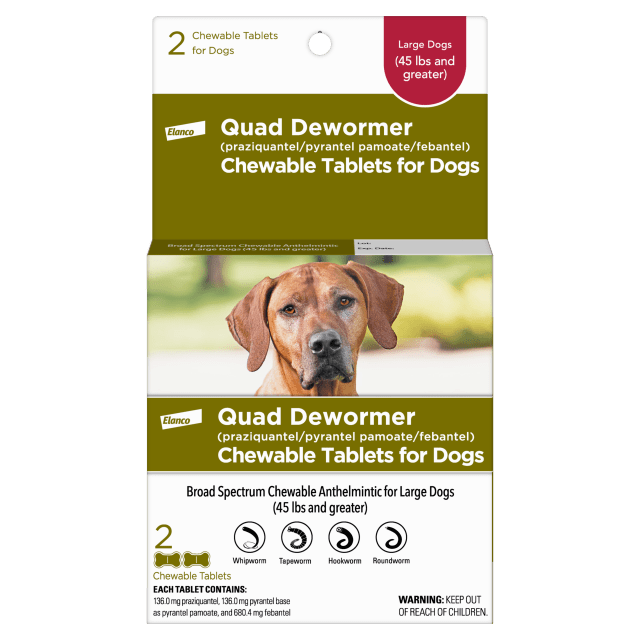 Elanco Chewable Quad Dewormer for Large Dogs, 45 lbs and over, 2 Chewable Tablets