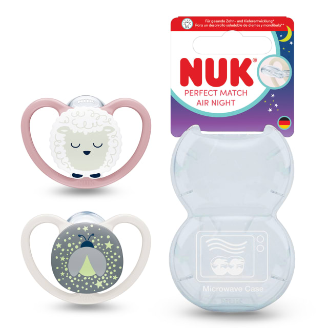 NUK Perfect Match Air Night Chupete para beb | 0-6 meses | Chupetes luminosos que facilitan la ventilacin y evitan la irritacin | 95% de aceptacin por parte de los bebs** | Oveja | 2 unidades