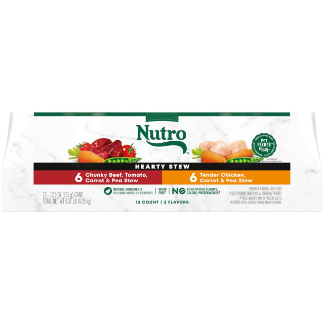 NUTRO HEARTY STEW Adult Natural Soft Wet Dog Food Cuts in Gravy, Tender Chicken, Carrot & Pea Stew and Chunky Beef, Tomato, Carrot & Pea Stew Variety Pack, (12) 12.5 oz. Cans