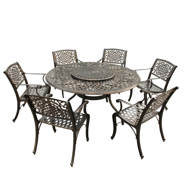 Contemporary Modern and Ornate Traditional Outdoor Mesh Lattice Aluminum 59 inch Bronze Round Dining Set with Lazy Susan and Six Chairs