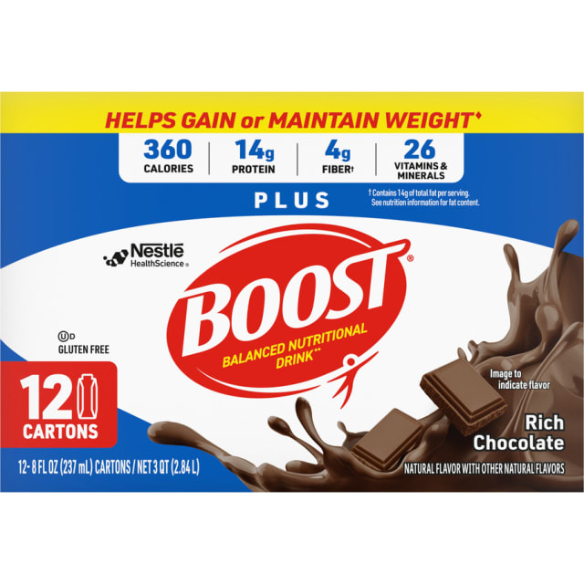 BOOST Plus Nutritional Drink Protein Shakes, Rich Chocolate, 8 fl oz, 12 Pack
