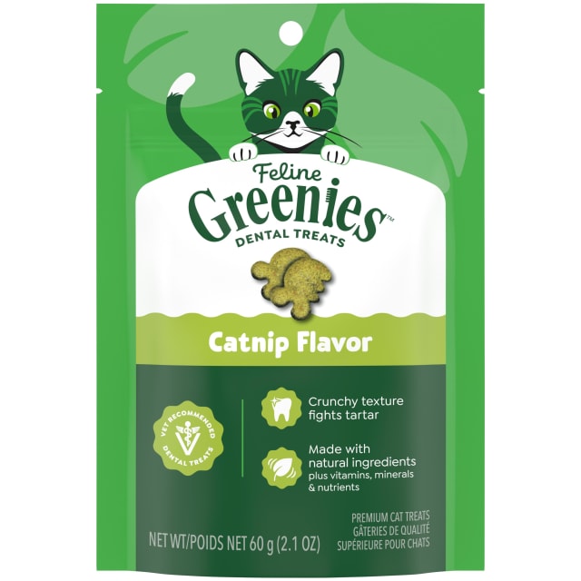 FELINE GREENIES Adult Natural Dental Care Cat Treats, Catnip Flavor, 2.1 oz. Pouch