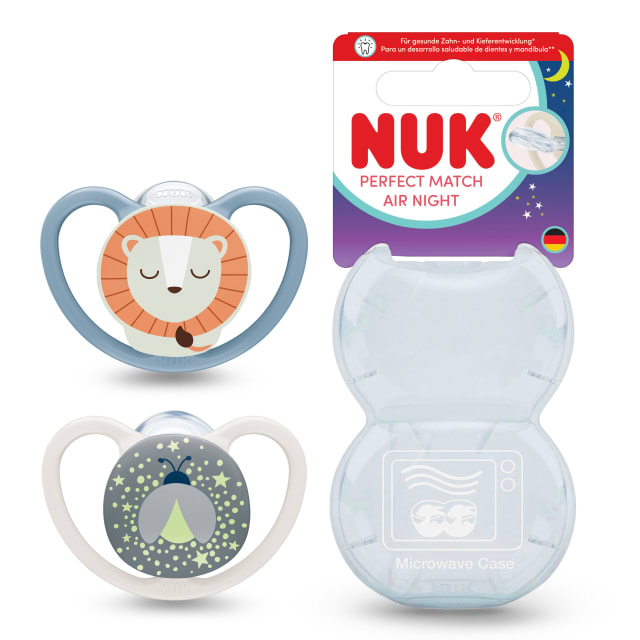 NUK Perfect Match Air Night Chupete para beb | 0-6 meses | Chupetes luminosos que facilitan la ventilacin y evitan la irritacin | 95% de aceptacin por parte de los bebs** | Len | 2 unidades