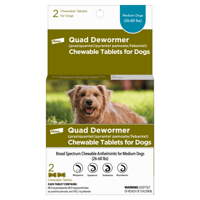 Elanco Chewable Quad Dewormer for Medium Dogs, 26-60 lbs, 2 Chewable Tablets