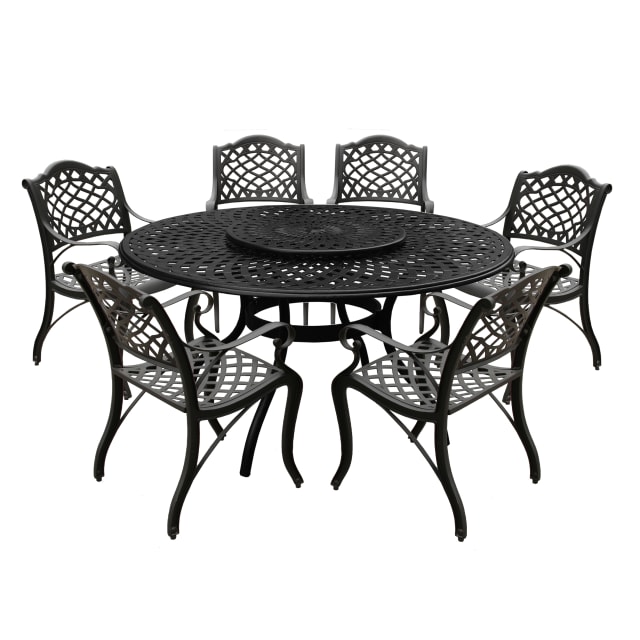 Modern Ornate Outdoor Mesh Aluminum 59-in Large Black Round Patio Dining Set with Lazy Susan and Six Chairs