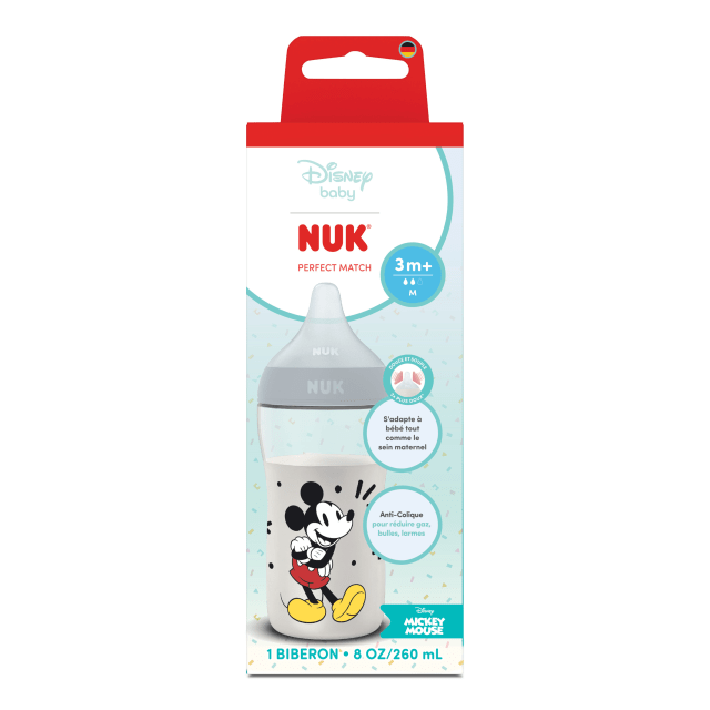 Biberon pour bb NUK Perfect Match, 0+mois, 260ml, biberon anti-coliques, plastique, indicateur de contrle de la temprature, Mickey Mouse, 1pice