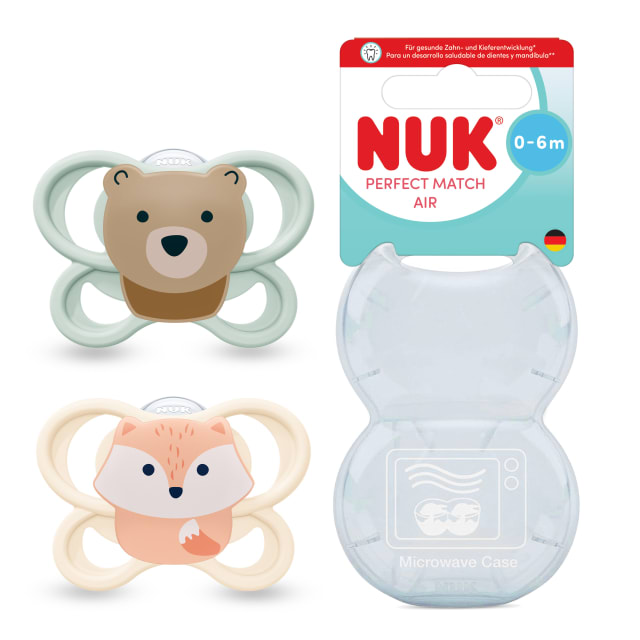 NUK Perfect Match Air Chupete para beb | 0-6 meses | Chupetes ortodnticos que facilitan la ventilacin y evitan la irritacin | 95% de aceptacin por parte de los bebs** | Zorro / Oso | 2 unidades