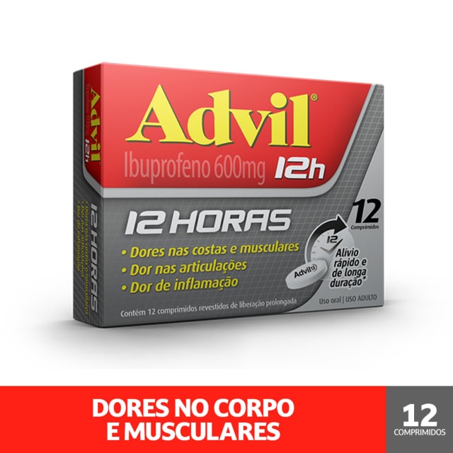 Advil 12h Analgésico com Ibuprofeno 600mg Alívio da Dor Muscular 12 Comprimidos