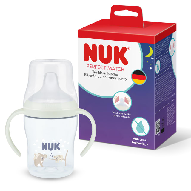Gobelet dapprentissage NUK Perfect Match, 6+mois, 150ml, biberon pour bambin et gobelet bec antifuite, poignes antidrapantes, brille dans le noir, koala, 1pice