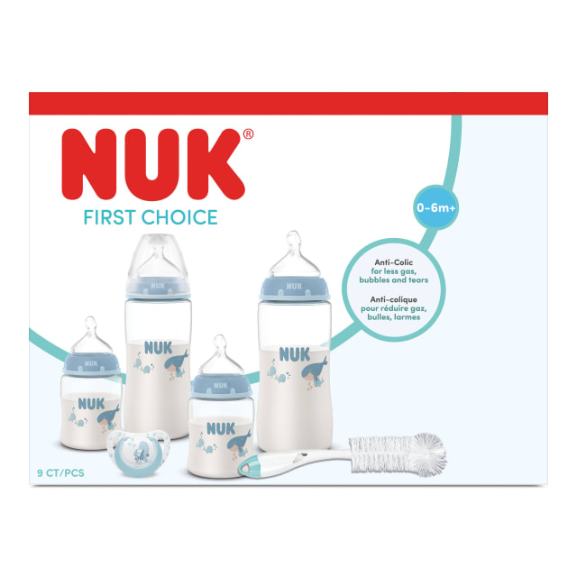 Ensemble de biberons pour bb Essentiels du nouveau n Dpart idal NUK First Choice, 0 6mois, 4 x biberons anti-coliques (150ml, 300ml), 2 x ttines, 1 x sucette, 1 x brosse pour biberon, baleine, 8pices