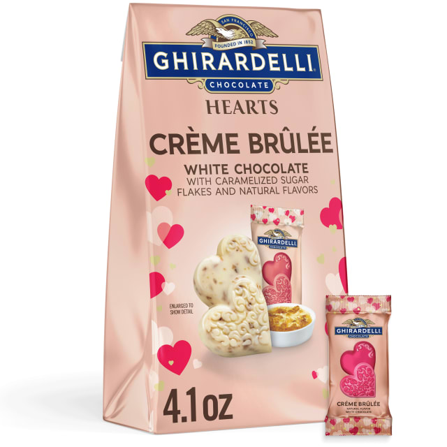 GHIRARDELLI White Chocolate Creme Brulee Duet Hearts, Chocolate Hearts for Valentines, 4.1 OZ Bag