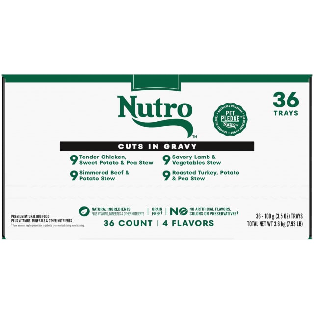 NUTRO Adult Natural Grain Free Wet Dog Food Cuts in Gravy Beef, Lamb, Chicken, and Turkey Variety Pack, (36) 3.5 oz. Trays