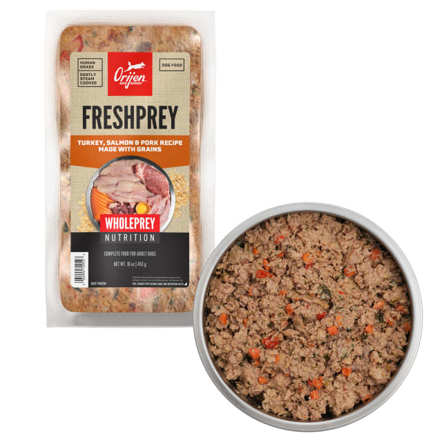 ORIJEN FRESHPREY Frozen Dog Food – 100% Human Grade, Gently Steam Cooked, Thaw and Serve – 85% Animal Ingredients* – Turkey, Salmon & Pork Recipe Made with Grains – Complete Food for Adult Dogs