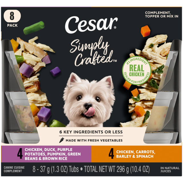CESAR Simply Crafted Adult Soft Wet Dog Food Meal Topper Variety Pack, Chicken, Duck, Purple Potatoes, Pumpkin, Green Beans & Brown Rice and Chicken, Carrots, Barley & Spinach, (8) 1.3 oz. Tubs