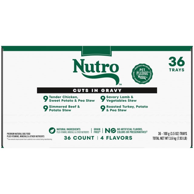 NUTRO Adult Natural Grain Free Wet Dog Food Cuts in Gravy Beef, Lamb, Chicken, and Turkey Variety Pack, (36) 3.5 oz. Trays