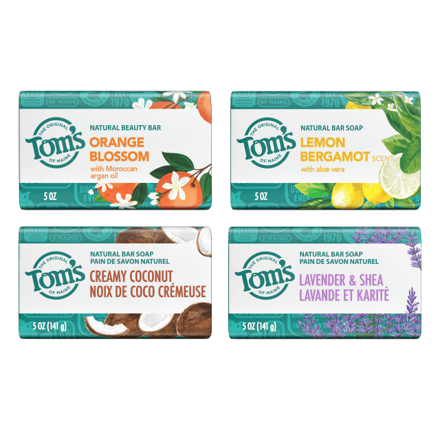 Tom’s of Maine Natural Bar Soap Variety Pack, Lavender & Shea, Creamy Coconut, Orange Blossom, Lemon Bergamot, Dermatologically Tested, Paraben Free, Vegan, 4 Count