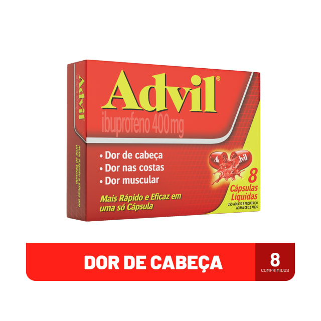 Advil 400mg Ibuprofeno Alívio Rápido da Dor de Cabeça Caixa 8 Cápsulas
