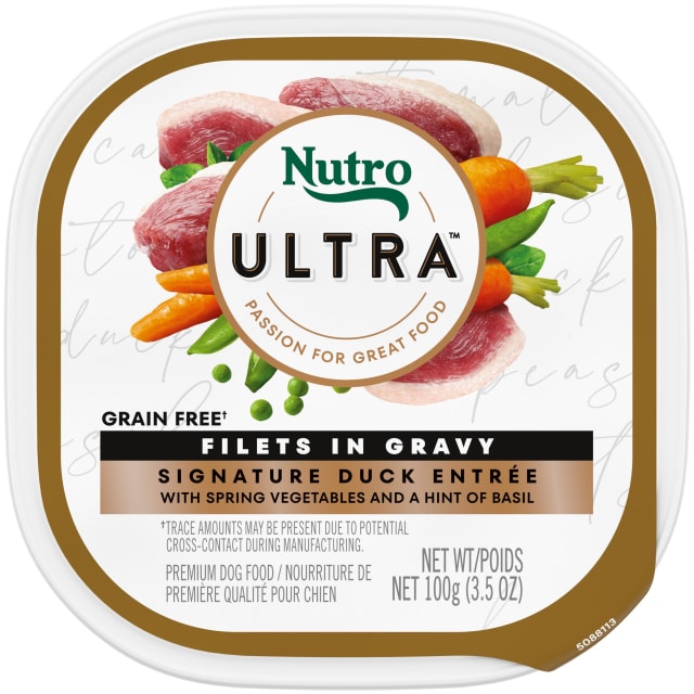 NUTRO ULTRA Grain Free Adult Soft Wet Dog Food Filets in Gravy Signature Duck Entrée With Spring Vegetables and a Hint of Basil, (24) 3.5 oz. Trays