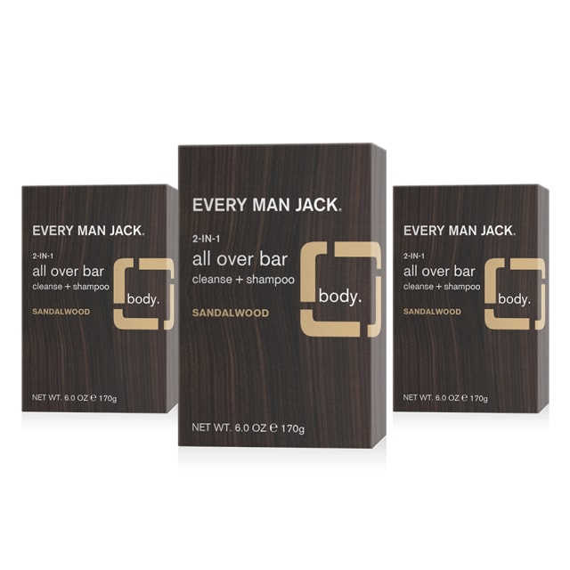 Every Man Jack Sandalwood Mens Soap Bar for Body and Hair - Bar Soap for Men with Shea Butter, Aloe Vera, and Glycerin to Deep Clean, Hydrate, and Soothe Skin - Naturally Derived, Zero Harmful Chemicals - 3 Pack