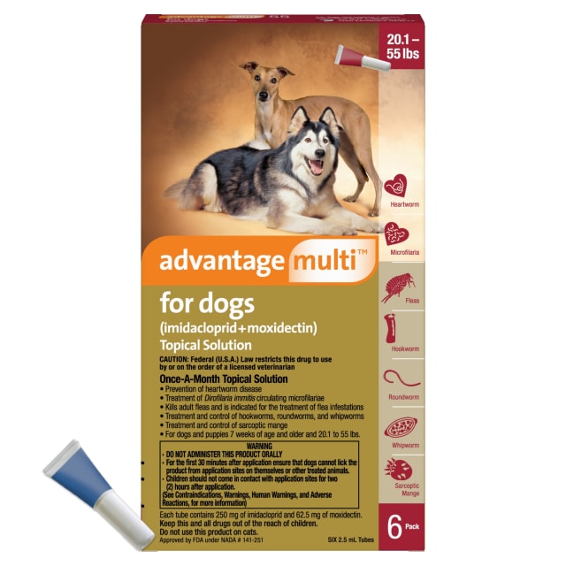 Advantage Multi for Dogs 6-in-1 Heartworm Prevention | Kills Fleas & More | Dogs 20.1-55 lbs. | 6-Month Supply