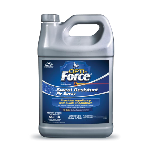 Manna Pro Opti-Force Fly Spray | Sweat Resistant Fly Repellent for Horses and Ponies | Provides Repellency and Quick Knockdown from Biting and Nuisance Flies | 1 Gallon