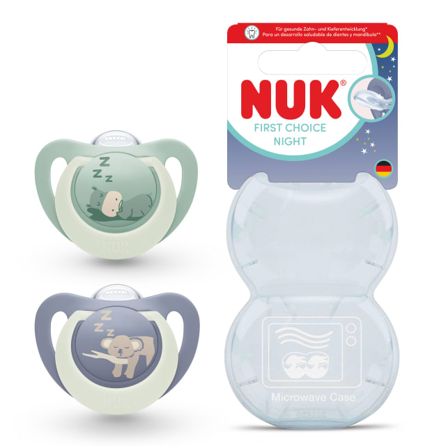 NUK First Choice Night Chupete para beb | 0-6 meses | Chupetes ortodnticos que brillan en la oscuridad | Calma al 99% de los bebs** | Hipoptamo / Koala | 2 unidades