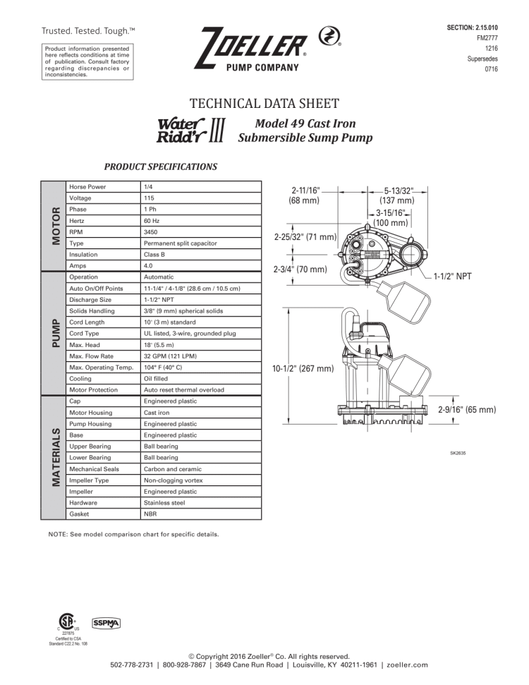 Zoeller 49-0005 WM49 Automatic Submersible Sump Pump 1/4 HP, 115V, 1PH ...