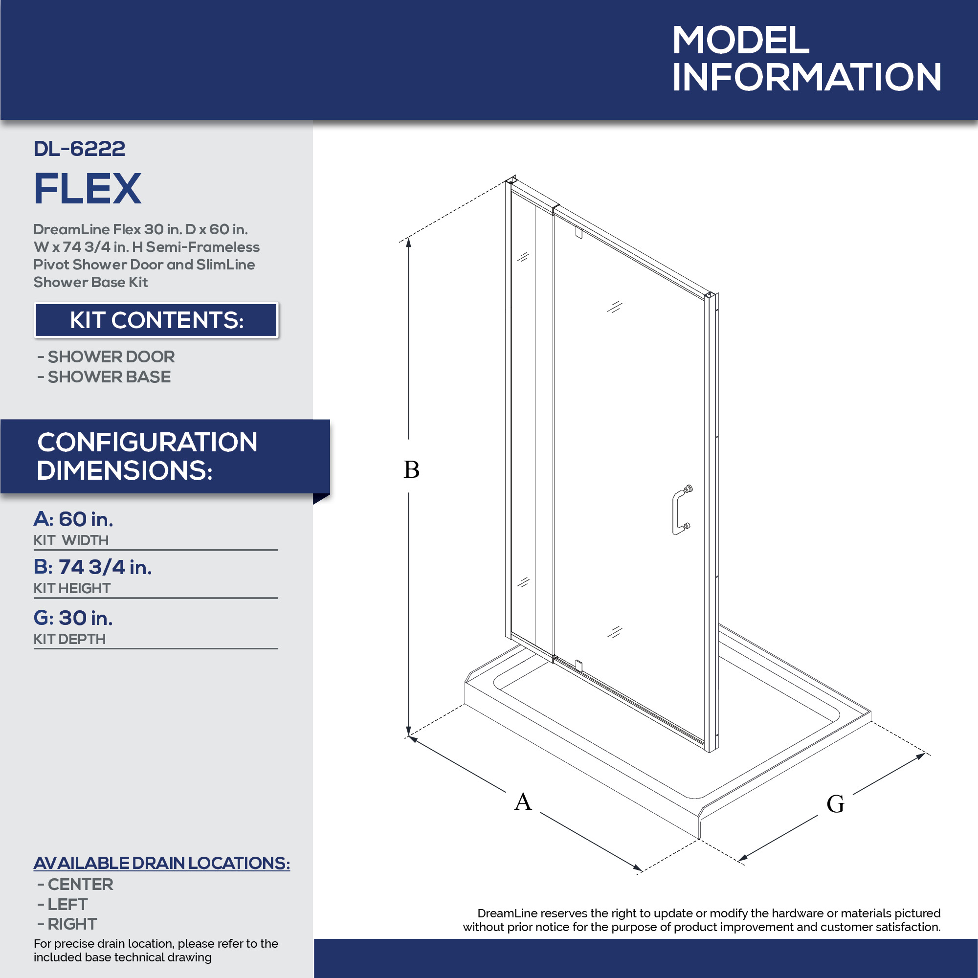 DreamLine Flex 30 inch D x 60 inch W x 74 3/4 inch H Semi-Frameless ...