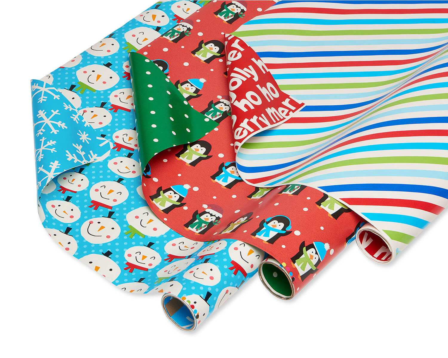 Christmas Reversible Wrapping Paper Blue Snowman Red Penguin And Multicolor Stripe 3 Rolls