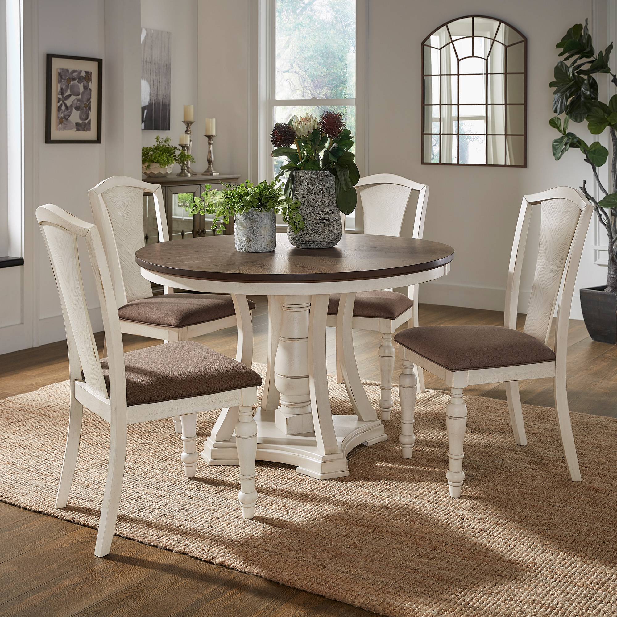 Dual-tone Solid Rubberwood Round Dining Table Set