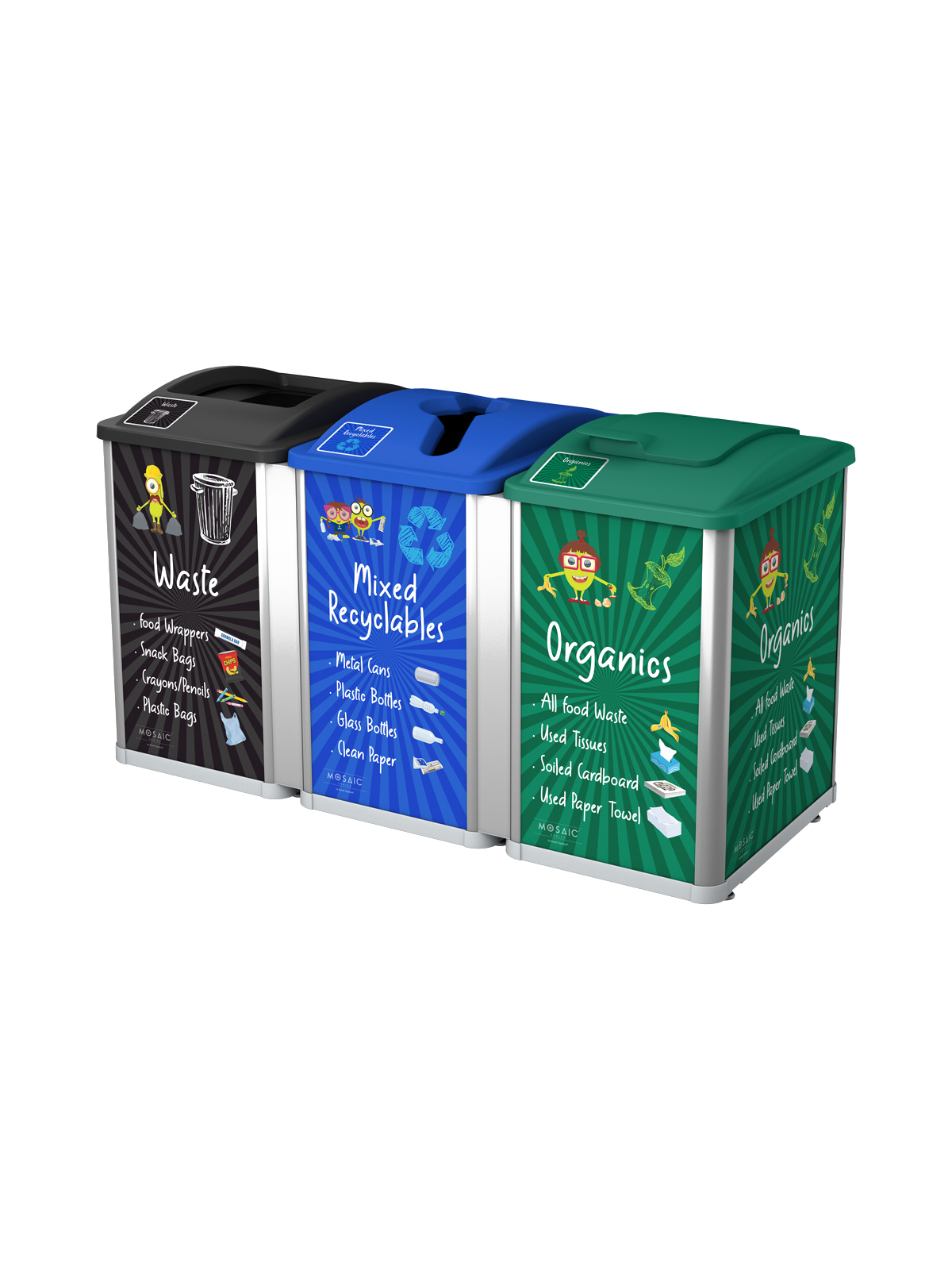 MOSAIC – Triple – Junior – Waste-Mixed Recyclables-Organics – Full-Mixed-Solid Lift – Silver-Black-Blue-Green