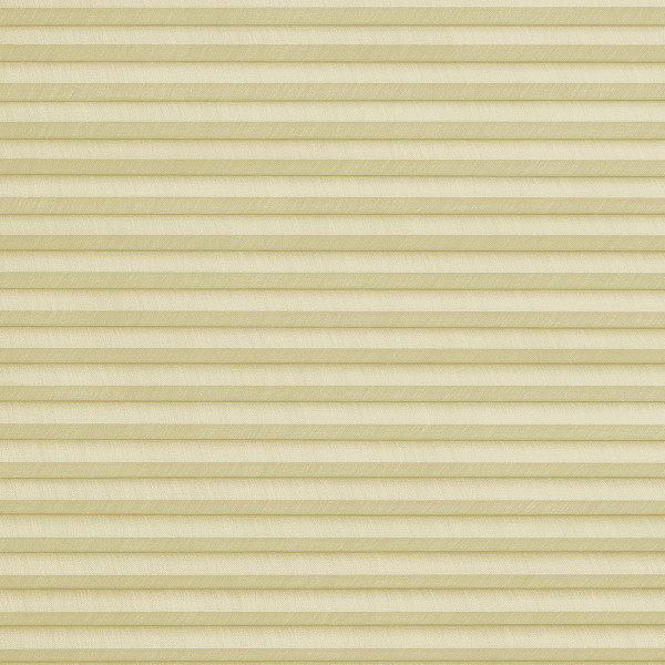 Beige pleated cellular shade, fully lowered with narrow horizontal pleats and textured fabric; closed and gently diffusing light; fills a neutral window opening, creating even, muted illumination.