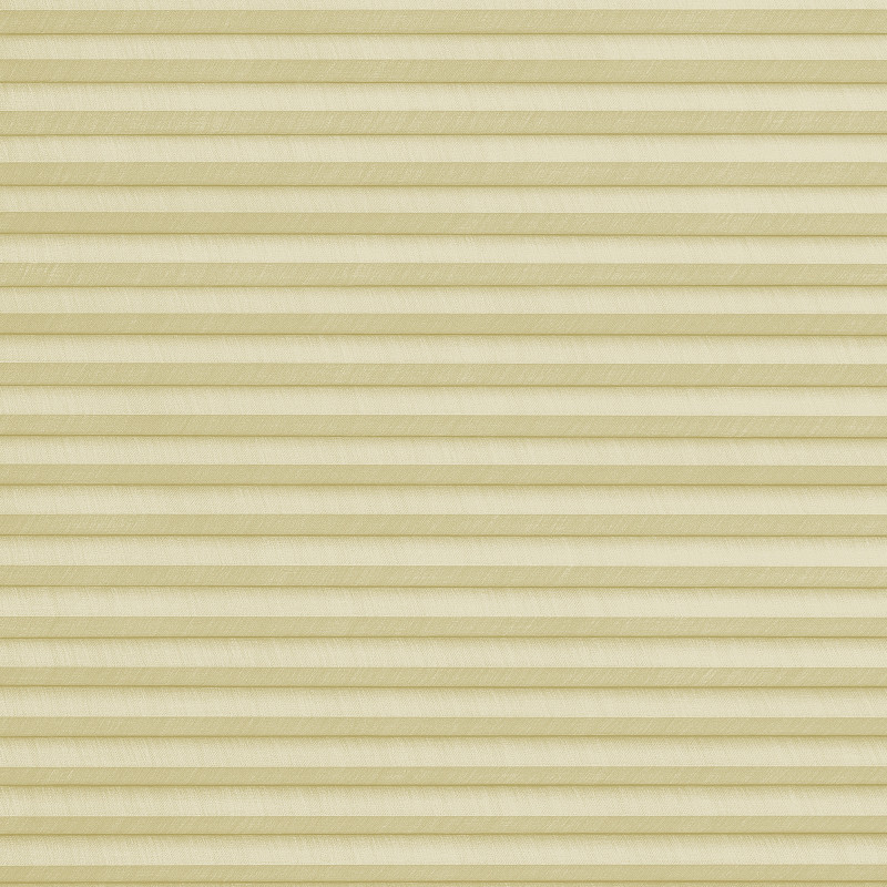 Beige pleated cellular shade, fully lowered with narrow horizontal pleats and textured fabric; closed and gently diffusing light; fills a neutral window opening, creating even, muted illumination.