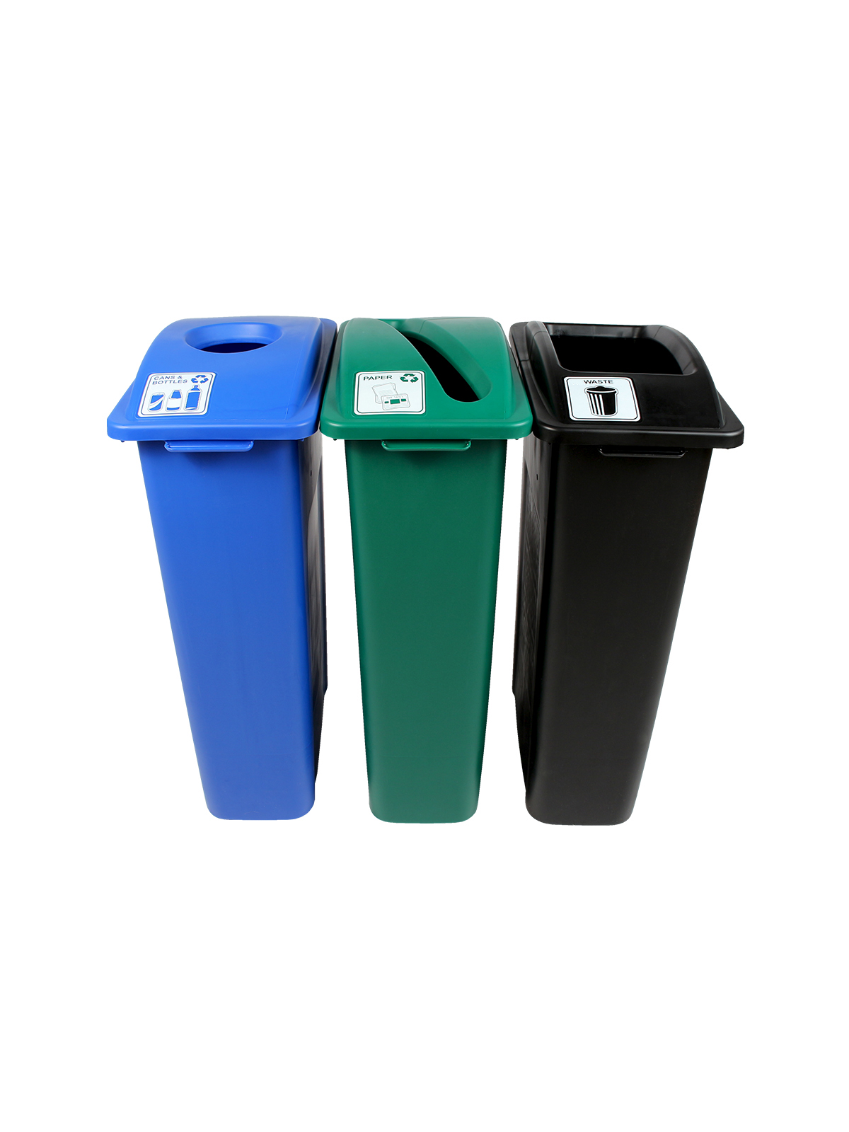 WASTE WATCHER – Triple – Kit – Cans & Bottles-Paper-Waste – Circle-Slot-Full – Blue-Green-Black